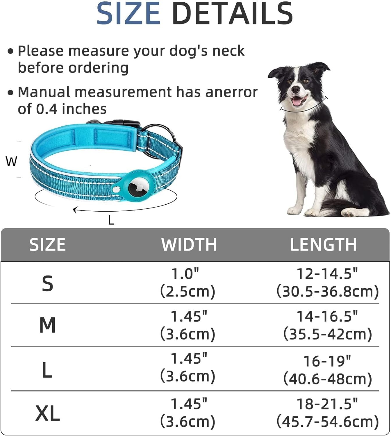 Airtag Dog Collar, Reflective Apple Air Tag Dog Collar, Adjustable Air Tag Pet Collar for Small Medium-Large Dogs, M(14-16.5")