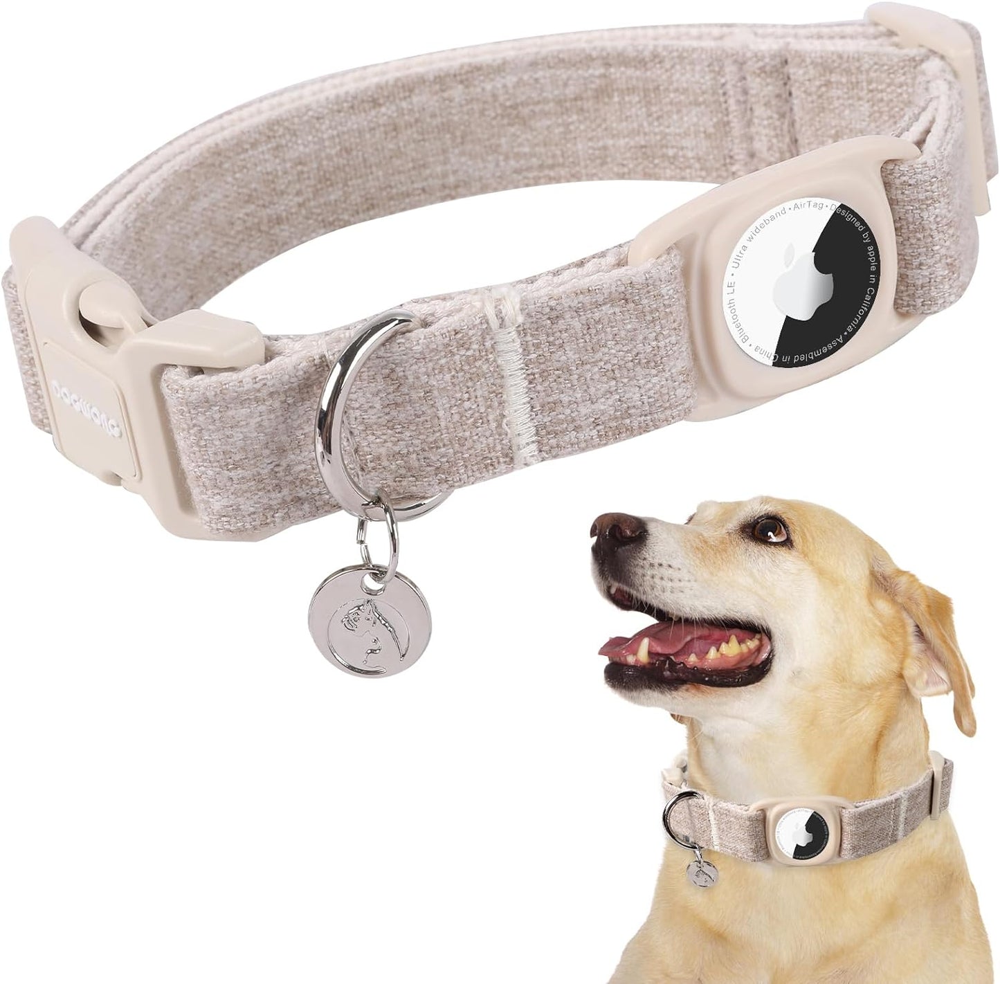 Cotton Hemp Dog Collar with Airtag Holder - Heavy-Duty, Durable, Natural Fabric Pet Collar for Small, Medium and Large Dogs