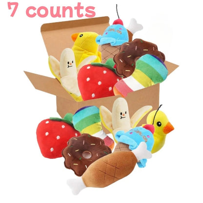 A 7-Piece Set of Puppy Sound Toys, Loose Plush Pet Chewing, Plush Fruit Snacks and Vegetables