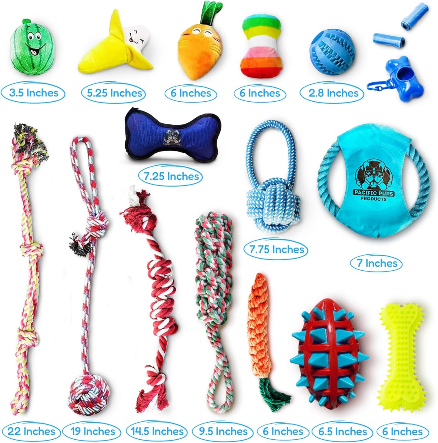 Pacific Pups 18 Piece Dog Toy Set - Plush, Rope & Chew Toys Support Non-Profit Dog Rescue