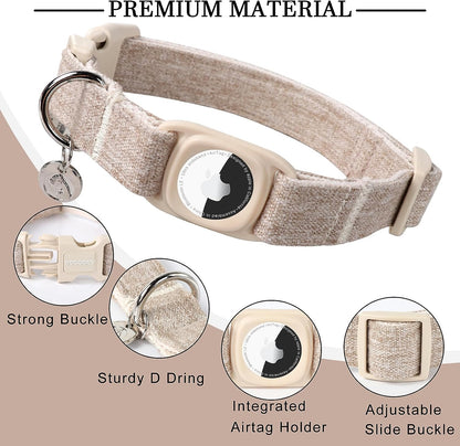 Cotton Hemp Dog Collar with Airtag Holder - Heavy-Duty, Durable, Natural Fabric Pet Collar for Small, Medium and Large Dogs