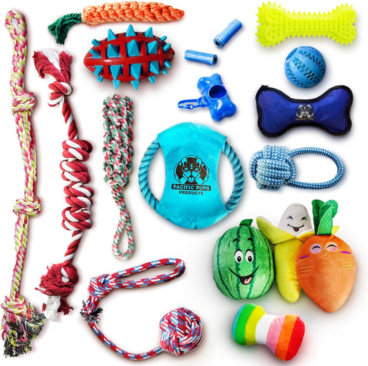 Pacific Pups 18 Piece Dog Toy Set - Plush, Rope & Chew Toys Support Non-Profit Dog Rescue