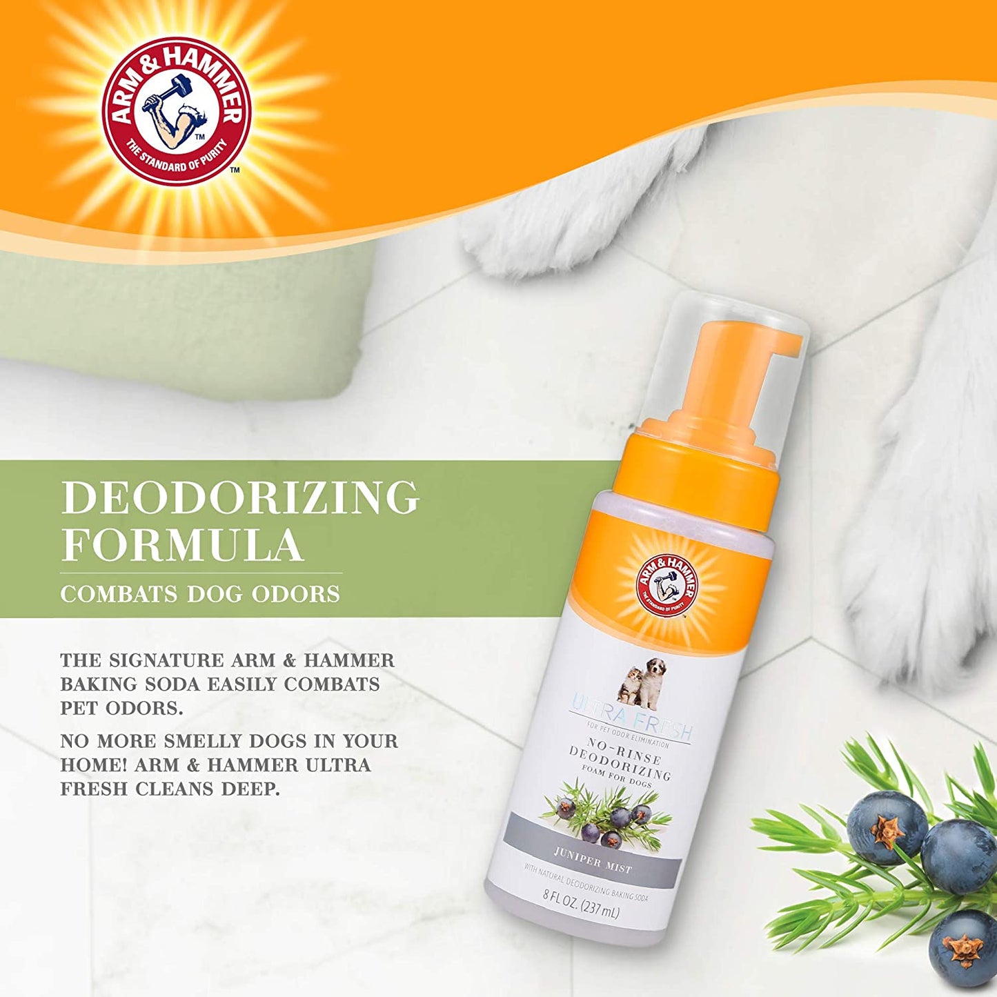 Ultra Fresh No Rinse Deodorizing Foam for Dogs, Juniper Mist, 8 Oz | Waterless Dog Shampoo | Baking Soda Neutralizes Bad Odors for an Advanced Clean