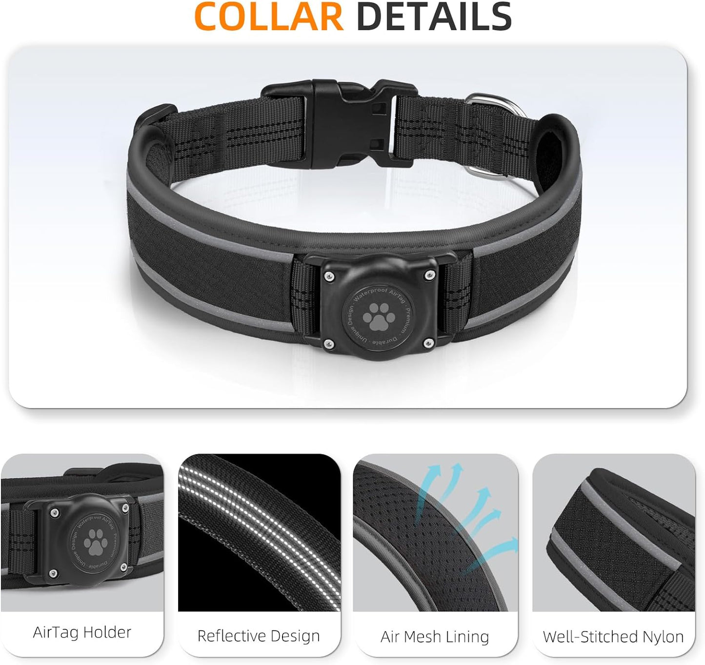 Airtag Dog Collar - Premium Air Tag Dog Collar Holder IP68 Waterproof - Ultra Soft Air Mesh Padded, Reflective, Ultra-Durable, Heavy Duty Dog Collars for Medium Large Dogs (Black, M)