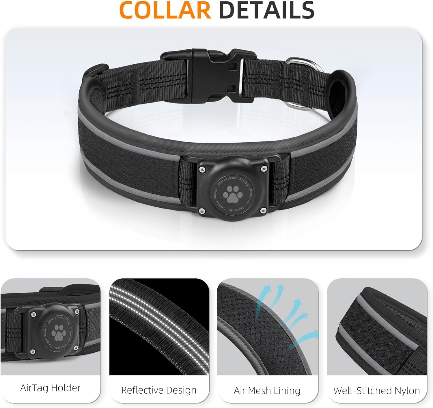 Airtag Dog Collar - Premium Air Tag Dog Collar Holder IP68 Waterproof - Ultra Soft Air Mesh Padded, Reflective, Ultra-Durable, Heavy Duty Dog Collars for Medium Large Dogs (Black, M)