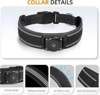 Airtag Dog Collar - Premium Air Tag Dog Collar Holder IP68 Waterproof - Ultra Soft Air Mesh Padded, Reflective, Ultra-Durable, Heavy Duty Dog Collars for Medium Large Dogs (Black, M)