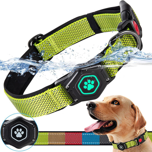 Airtag Dog Collar with Waterproof Air Tag Holder, Luminous & Reflective,Comfortable and Durable 1000D Nylon, Dual Safety Buckle,Fit for Medium or Heavy Duty Large and Active Dogs【Airtag Not Included】