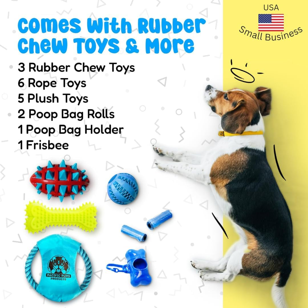 Pacific Pups 18 Piece Dog Toy Set - Plush, Rope & Chew Toys Support Non-Profit Dog Rescue