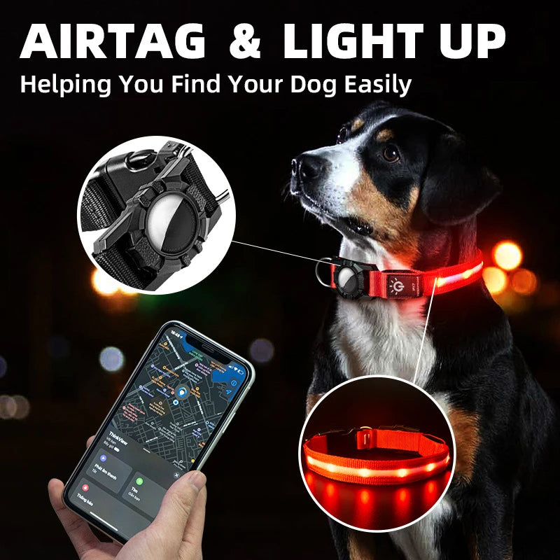 New Pet Collars Waterproof Led for Apple Airtag GPS Finder Light USB Dog Walking Swimming at Night Tracker Case Dog Accessories